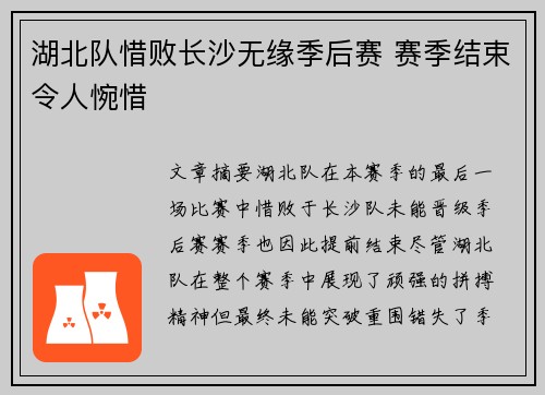 湖北队惜败长沙无缘季后赛 赛季结束令人惋惜