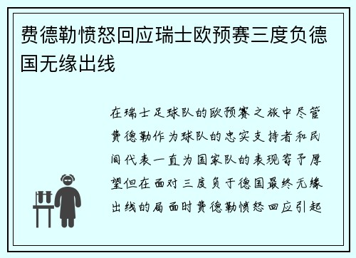 费德勒愤怒回应瑞士欧预赛三度负德国无缘出线