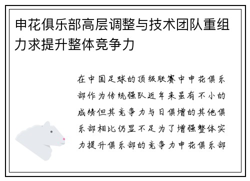申花俱乐部高层调整与技术团队重组力求提升整体竞争力